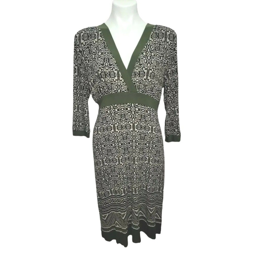 Athleta Womens Dress V-Neck Knee Length Green Black Batik Sz M